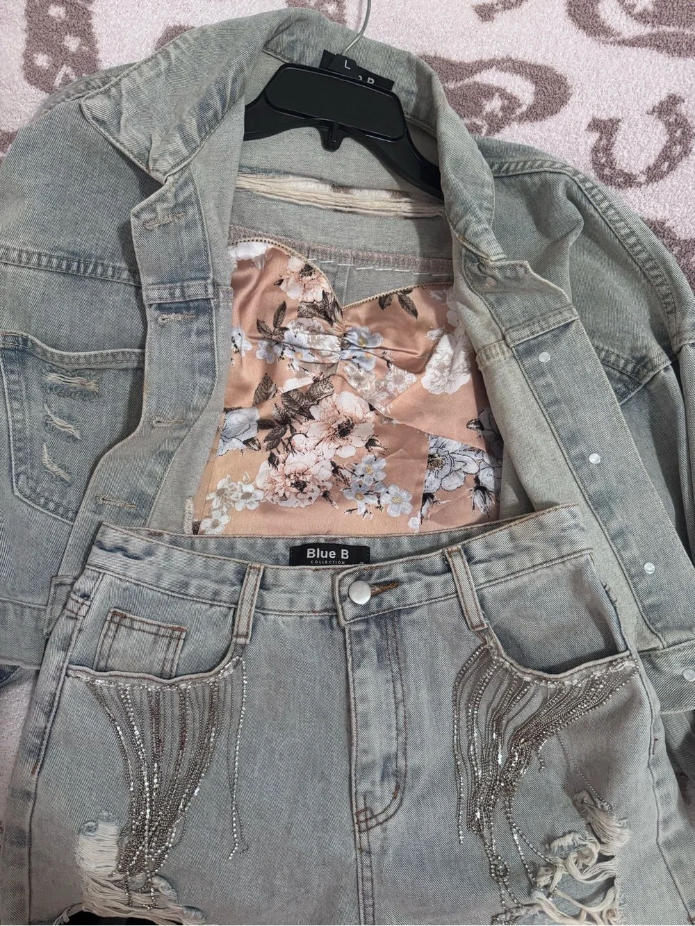 Denim Fringe Crop Jacket with Matching Shorts Set - distressed denim